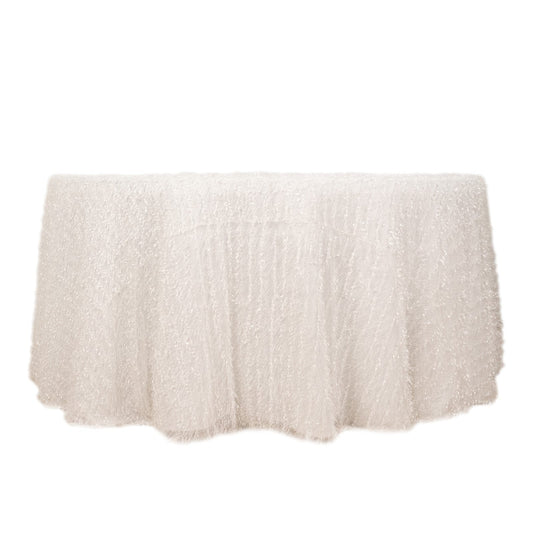 120" White Fringe Shag Polyester Round Tablecloth